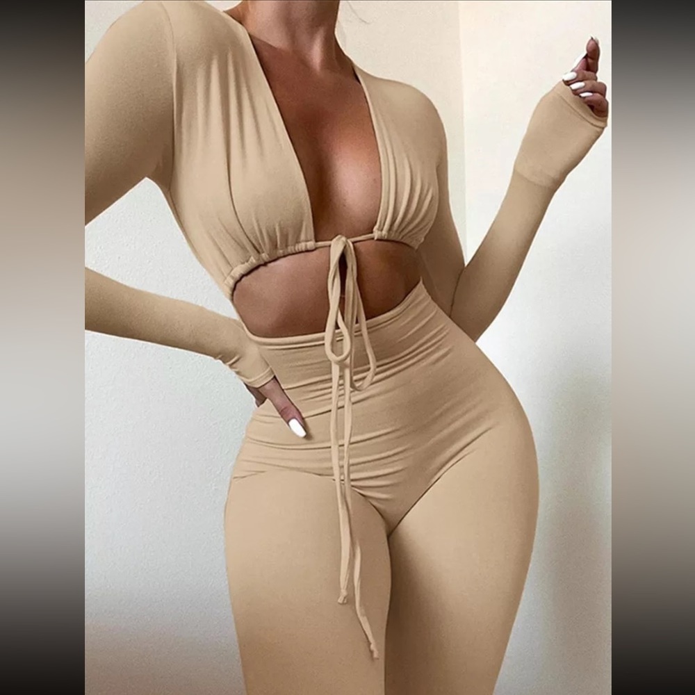 Solid Jumpsuit Drawstring Cleavage Waist Out One … - image 1